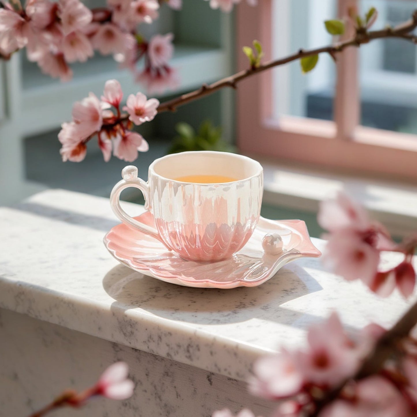Designed to mimic the graceful curves of a seashell, each piece boasts a delicate iridescent finish that catches the light, evoking the shimmer of ocean pearls. The sculpted handle features a charming pearl-like accent,