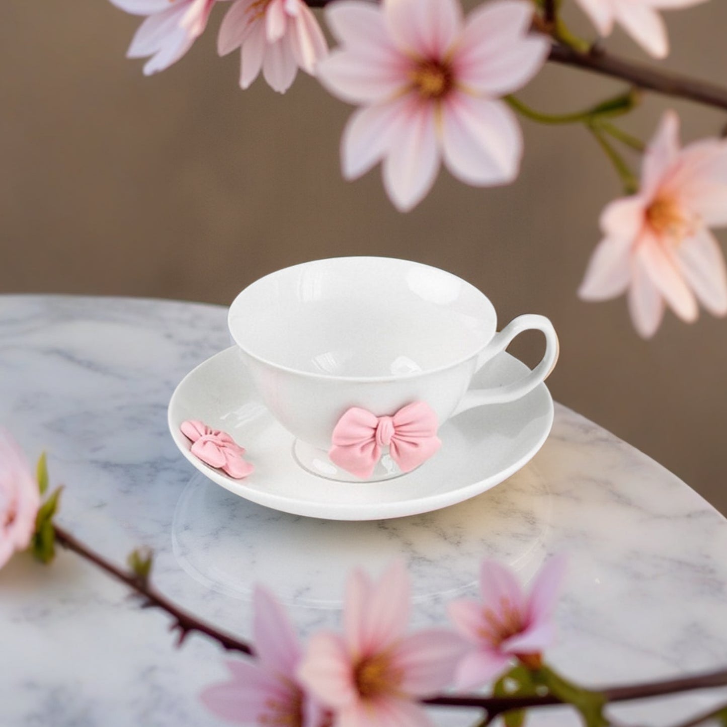 a beautifully feminine drinkware collection adorned with soft pink bow embellishments.
