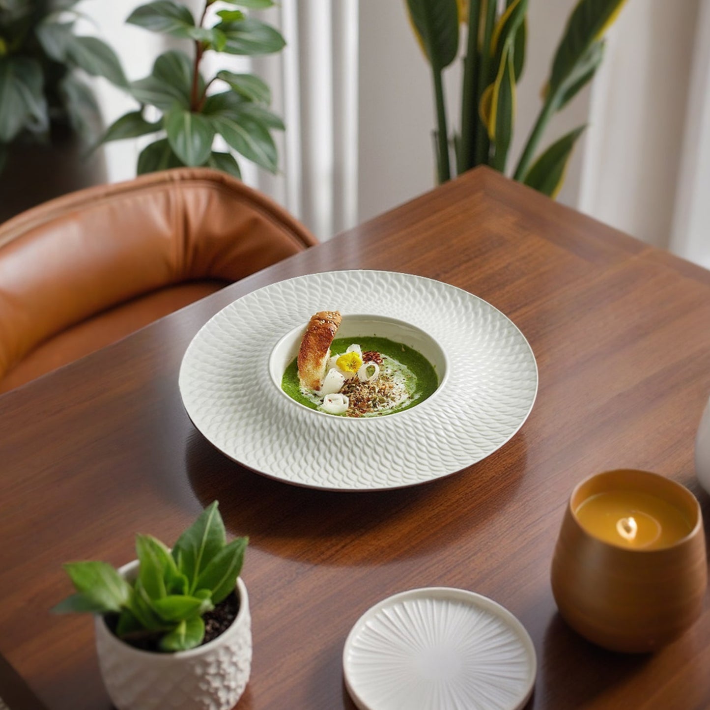 A luxury porcelain presentation plate featuring a deep well ideal for soups, purees, or gourmet plated dishes.