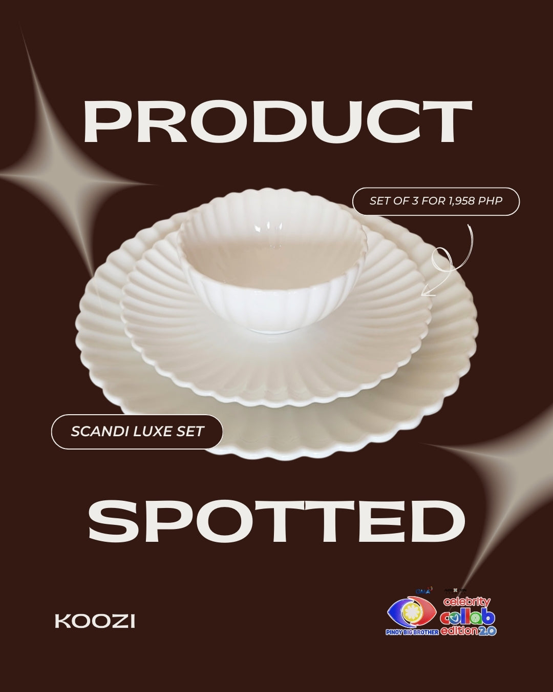 Koozi Scandi Luxe set of three plates on a brown background with text and branding.