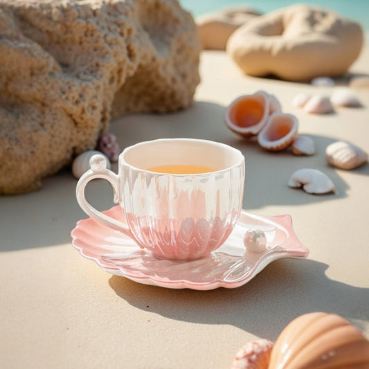 Designed to mimic the graceful curves of a seashell, each piece boasts a delicate iridescent finish that catches the light, evoking the shimmer of ocean pearls. The sculpted handle features a charming pearl-like accent,