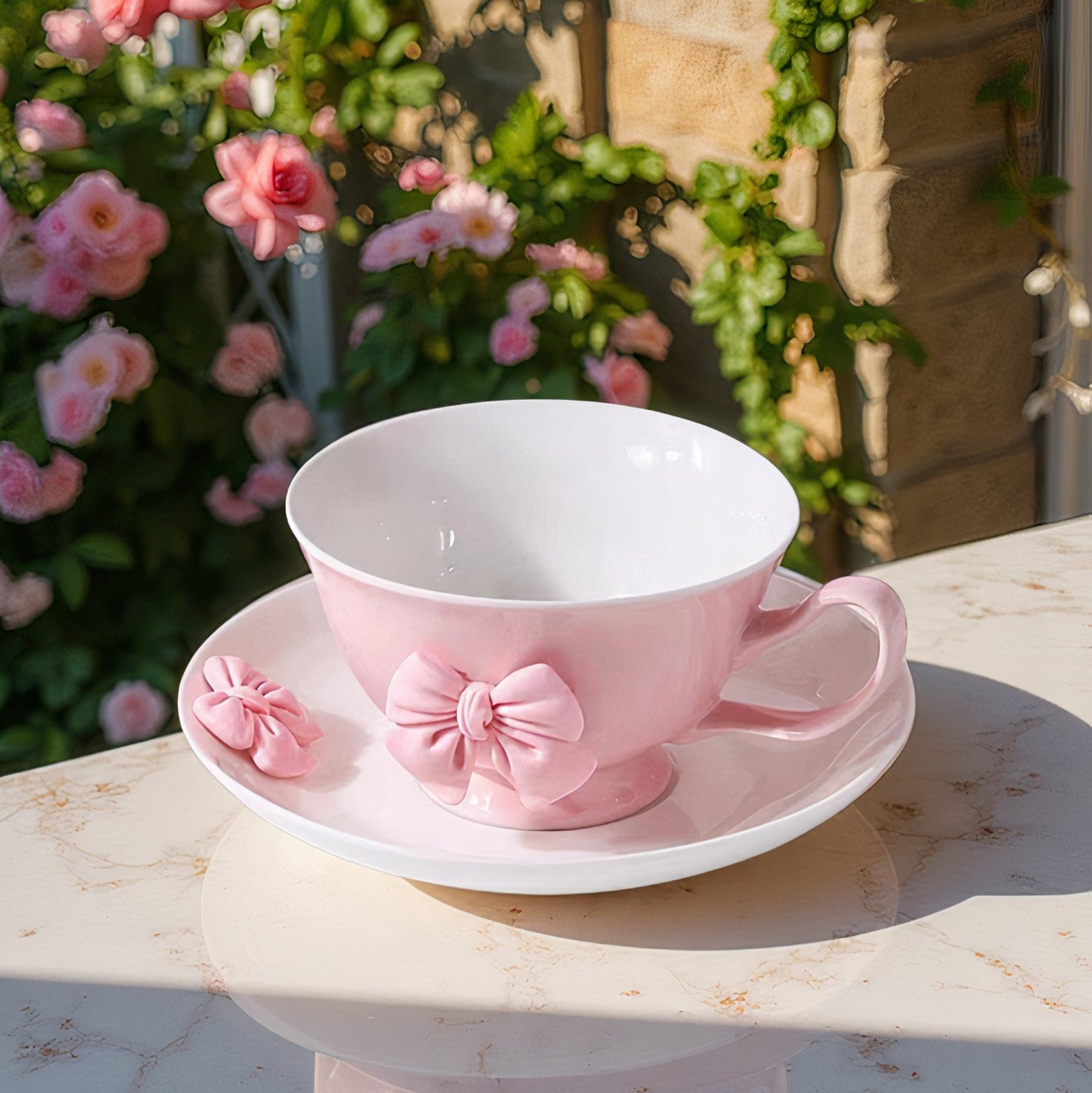 a beautifully feminine drinkware collection adorned with soft pink bow embellishments. 