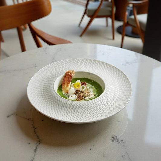 A luxury porcelain presentation plate featuring a deep well ideal for soups, purees, or gourmet plated dishes.